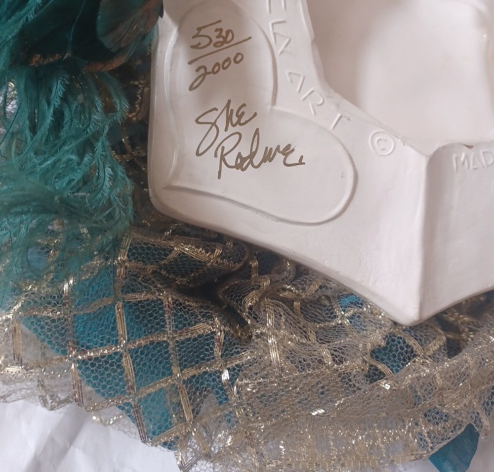 Elegant Lady In Teal and Gold Feathered Musical Mask Wall Hanging - Picture 5 of 7
